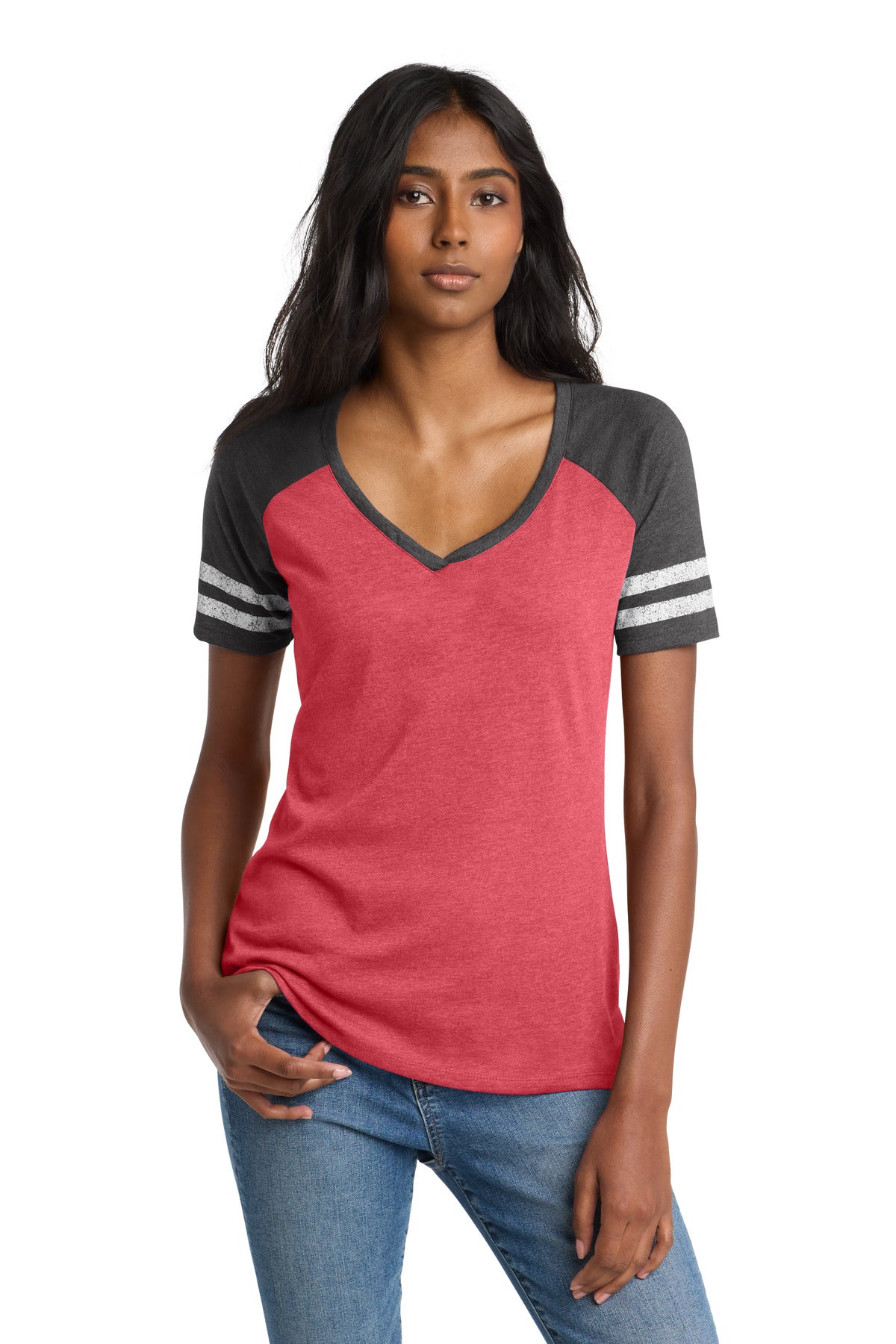 District Women's Game V-Neck Tee. DM476