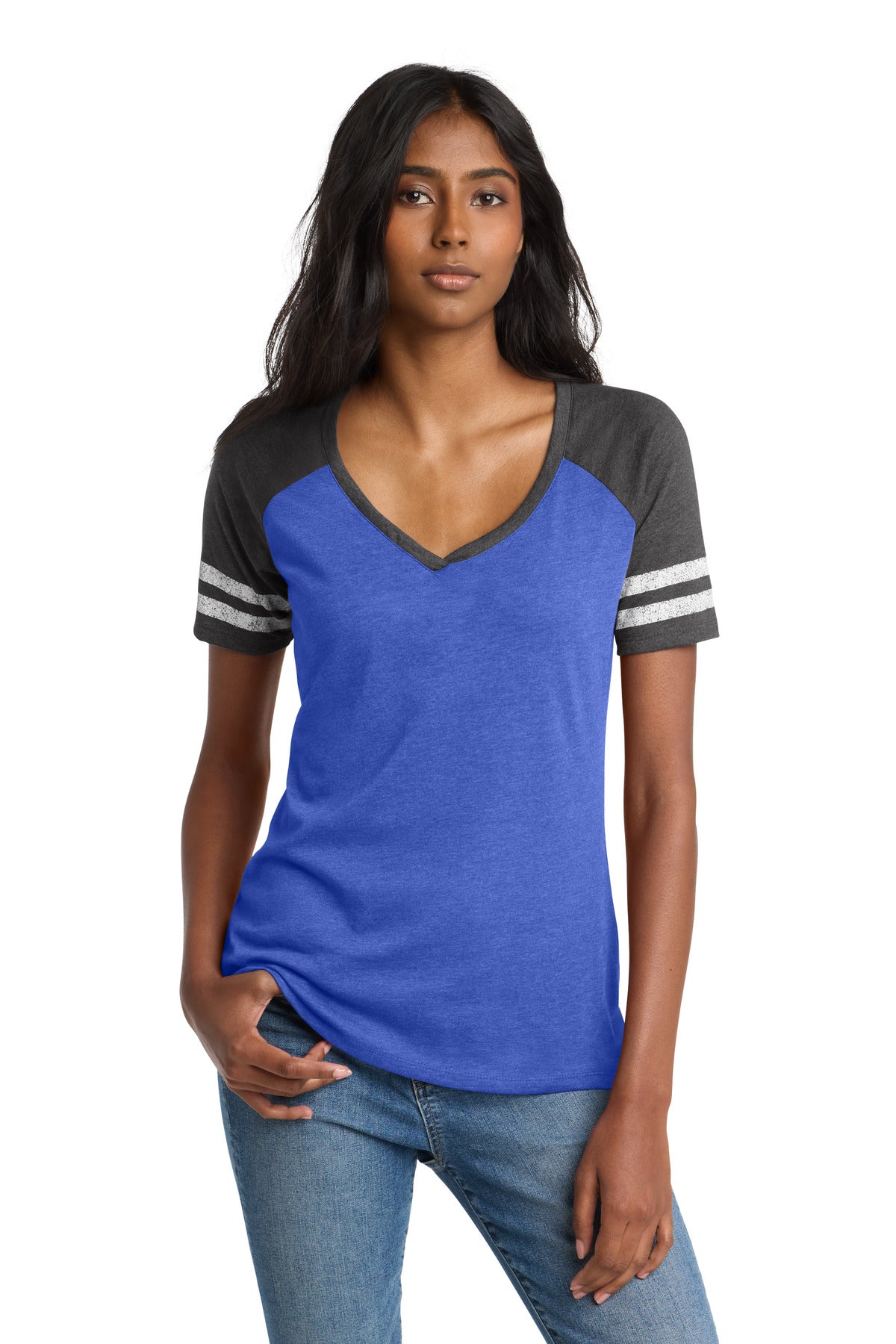 District Women's Game V-Neck Tee. DM476