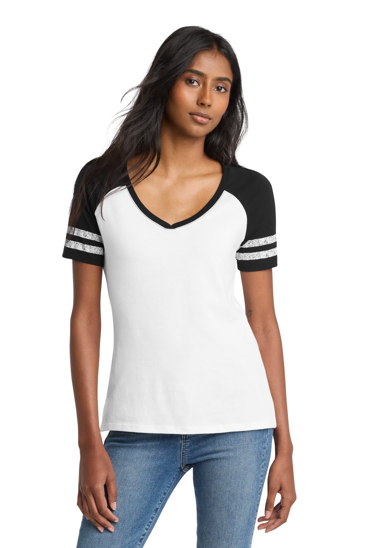 District Women's Game V-Neck Tee. DM476