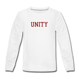 Haverford Stronger Together Youth Long Sleeve. (Back is Shown. Front says "UNITY") - white