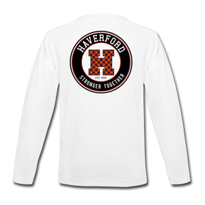 Haverford Stronger Together Youth Long Sleeve. (Back is Shown. Front says "UNITY") - white