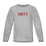 Haverford Stronger Together Youth Long Sleeve. (Back is Shown. Front says "UNITY") - heather gray