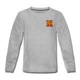 Haverford Youth Long Sleeve Fire Tee. (Back. is Shown. Front left. breast "H" logo) - heather gray