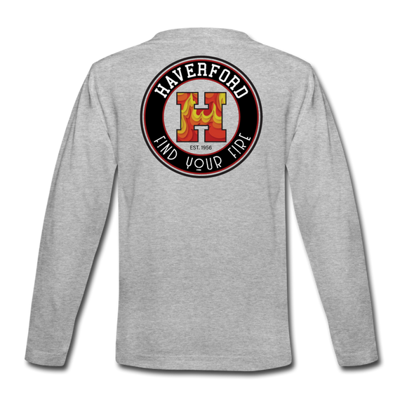 Haverford Youth Long Sleeve Fire Tee. (Back. is Shown. Front left. breast 